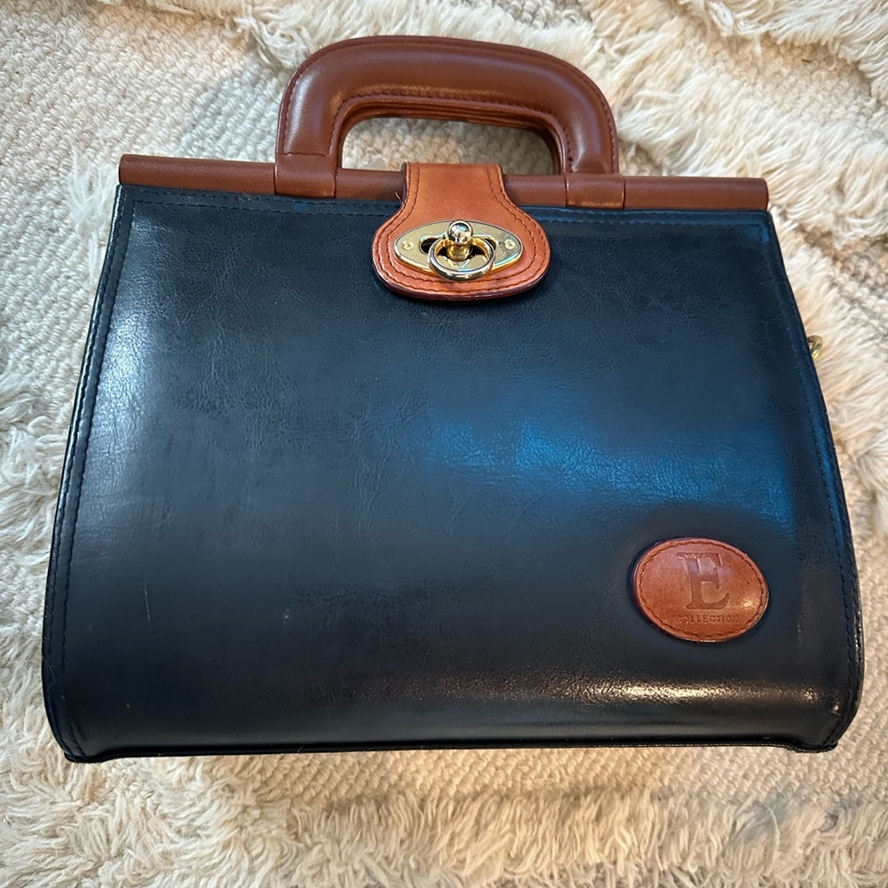 Vintage Classic Navy and Brown Leather Women's Hardshell Purse